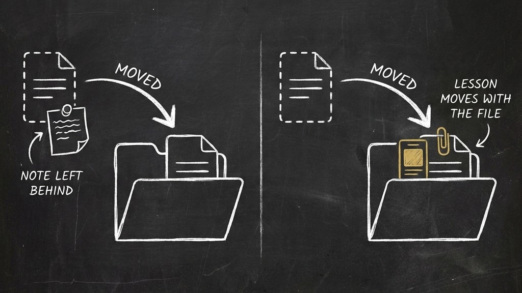 Before and after: a note pinned to a file is left behind when the file moves, and with OPVS the lesson moves with the file.