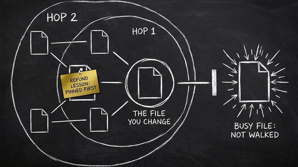 Lessons are collected from the file being changed and from files up to two steps away. The rest of the rulebook stays out.