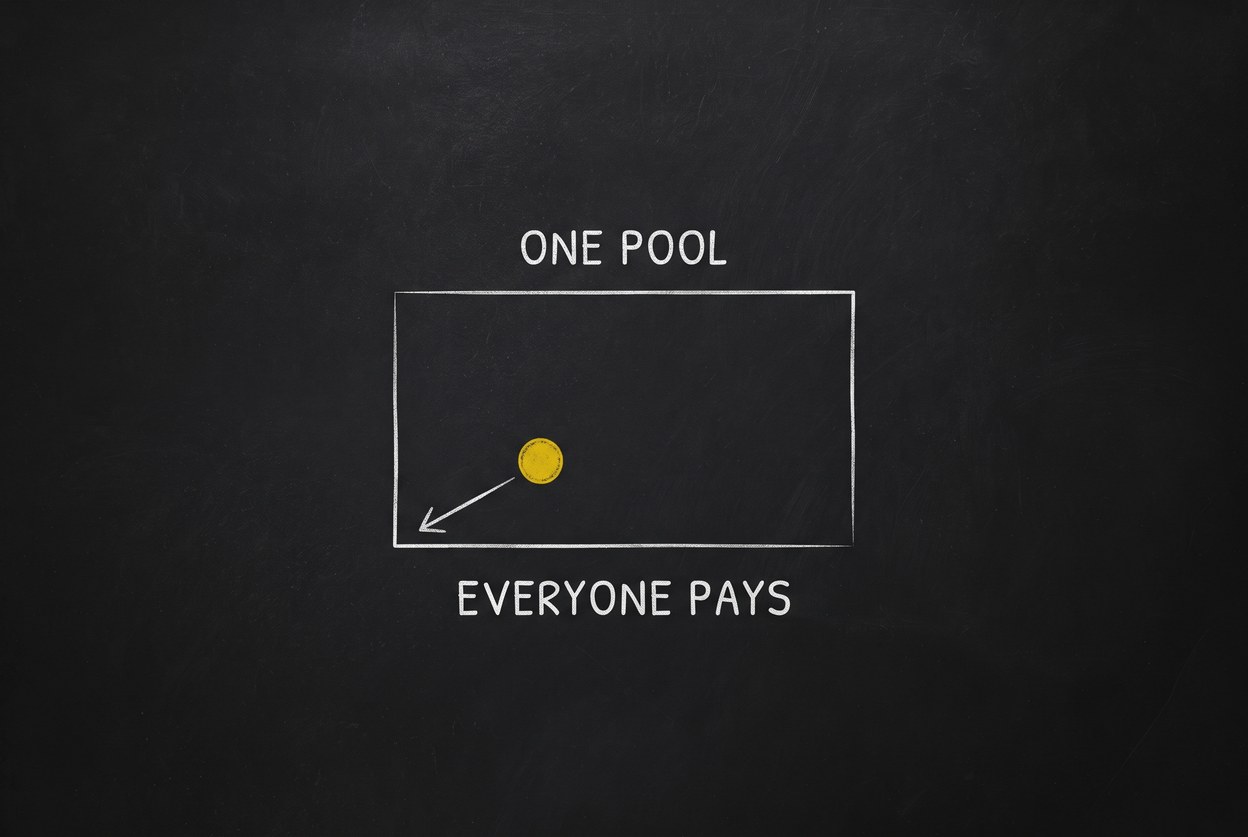 A chalk drawing of one rectangle labelled ONE POOL, with a single gold dot inside it and an arrow escaping toward the edge, labelled EVERYONE PAYS.