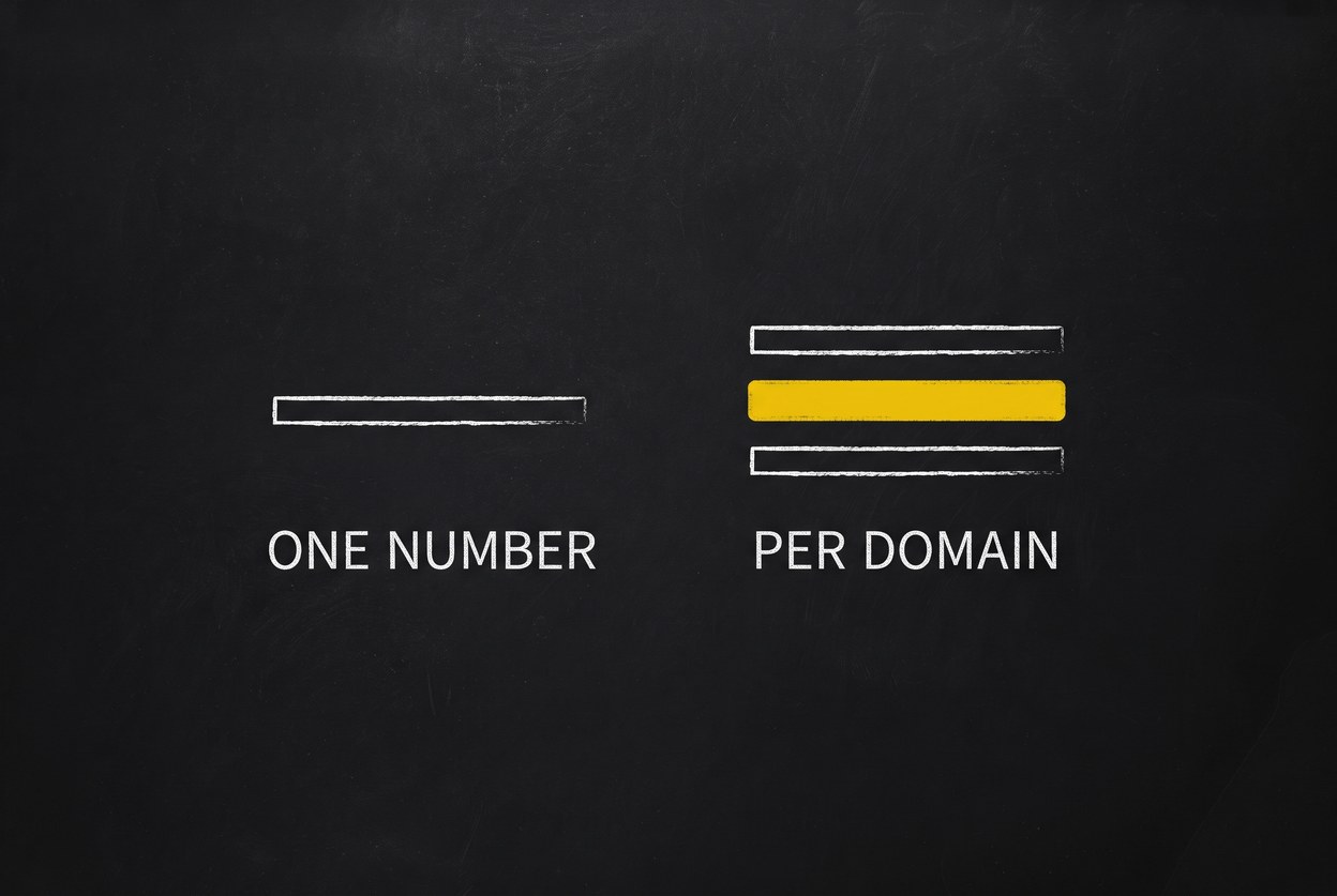 On the left a single white chalk bar labelled ONE NUMBER. On the right three stacked bars with the middle one gold, labelled PER DOMAIN.