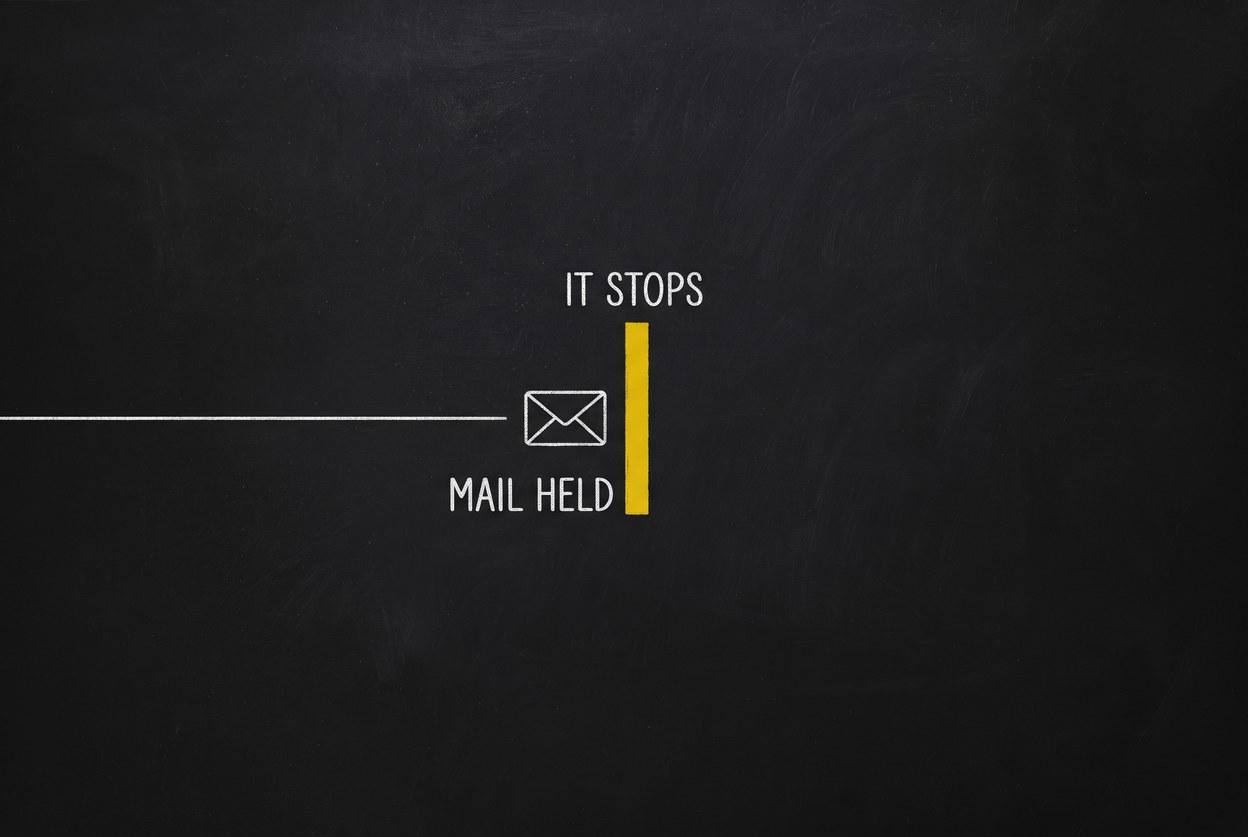 A chalk line running left to right stops at a solid gold vertical bar, with an envelope resting against it. The bar is labelled IT STOPS and the envelope MAIL HELD.