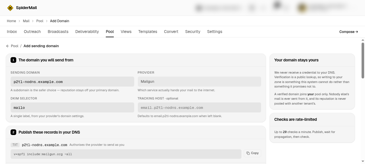 The add-domain screen, showing the sending domain and DKIM selector at the top and the DNS records to publish below.