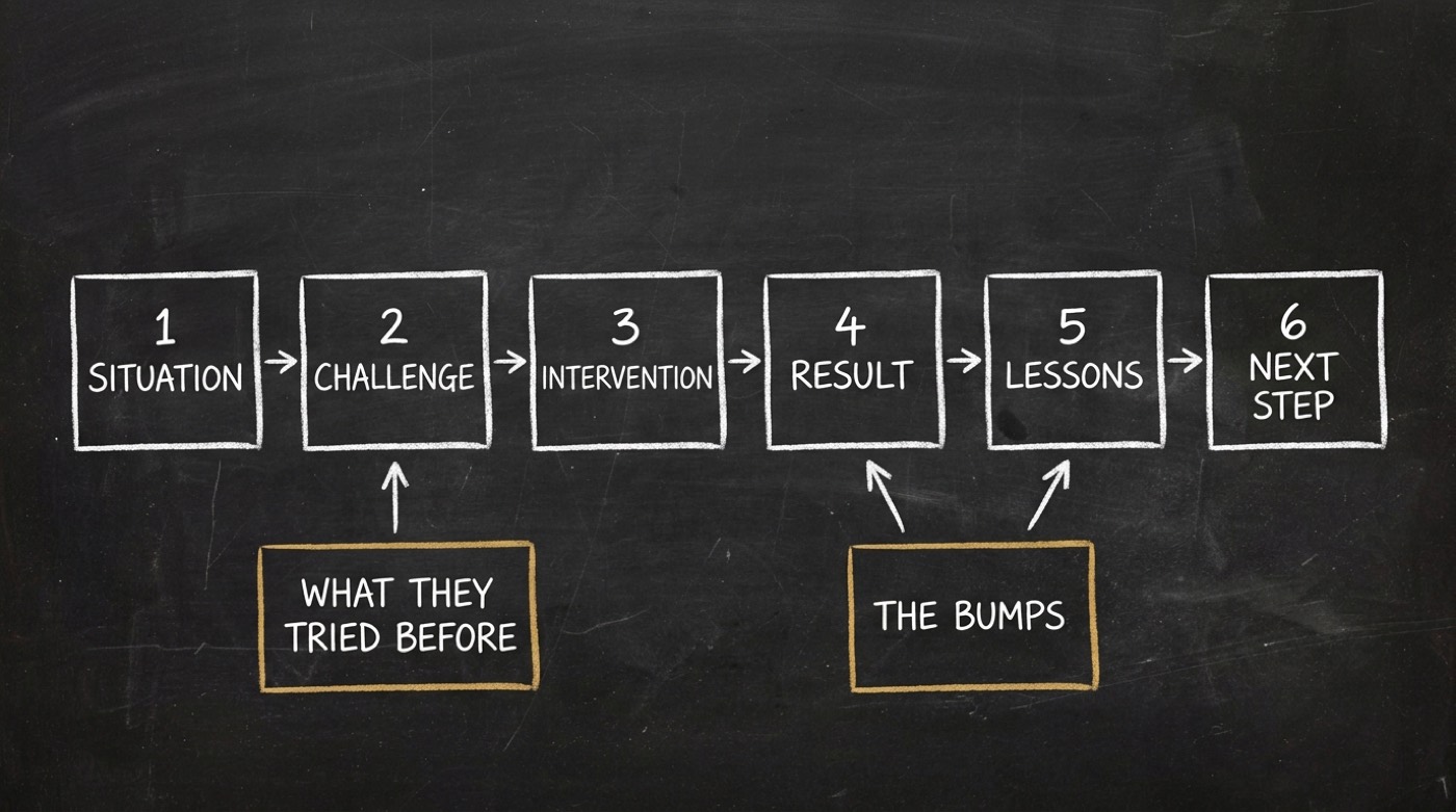The six-part case-study arc — Situation, Challenge, Intervention, Result, Lessons, Next Step — with the two beats everyone drops, "what they tried before" and "the bumps", feeding back into it