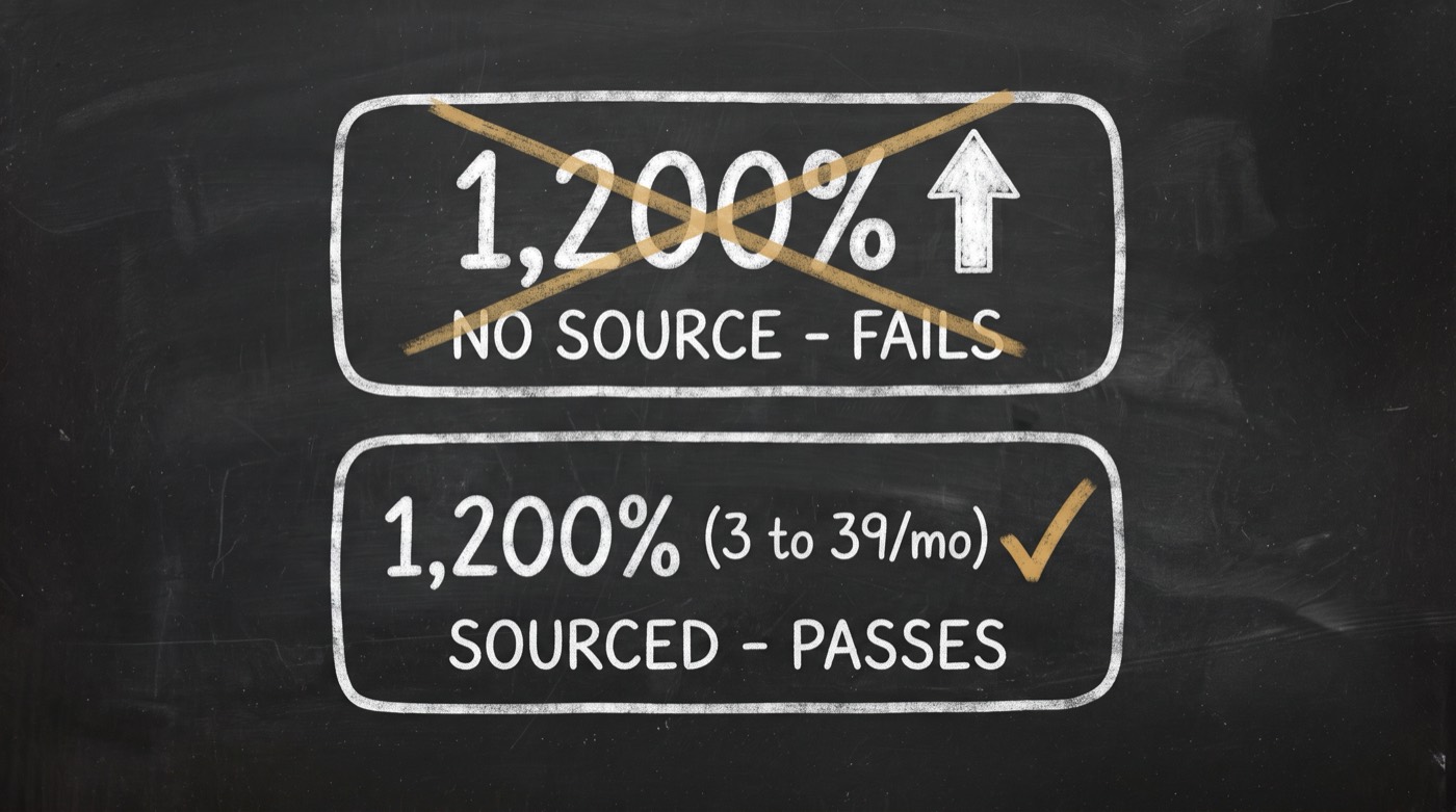 Metric provenance — a bare "1,200%" is gold-crossed as "no source, fails"; the same figure written "1,200% (3 to 39/mo)" gets a gold check as "sourced, passes"