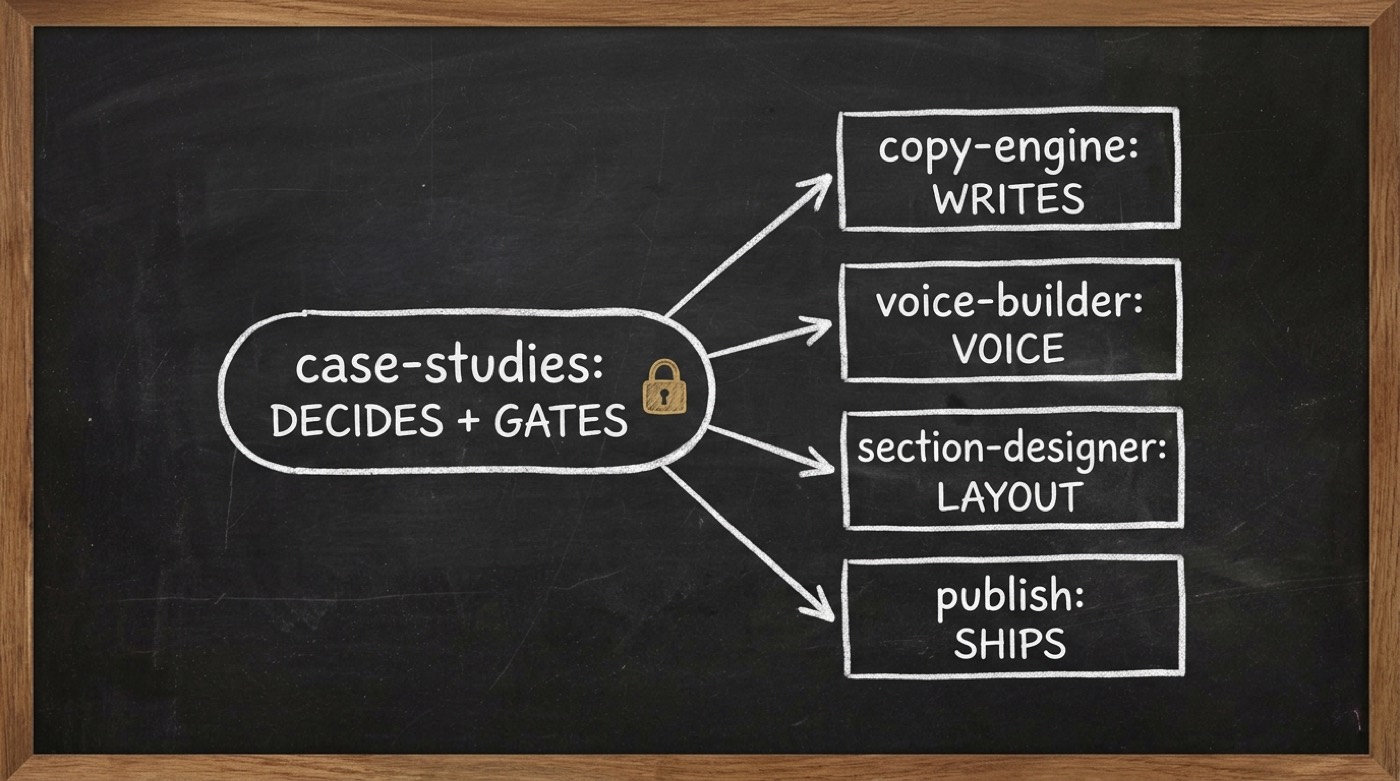 Guidance-only composition — a central "case-studies: decides + gates" hub with an approval padlock, fanning out to the peer skills that do the work: copy-engine writes, voice-builder voices, section-designer lays out, publish ships