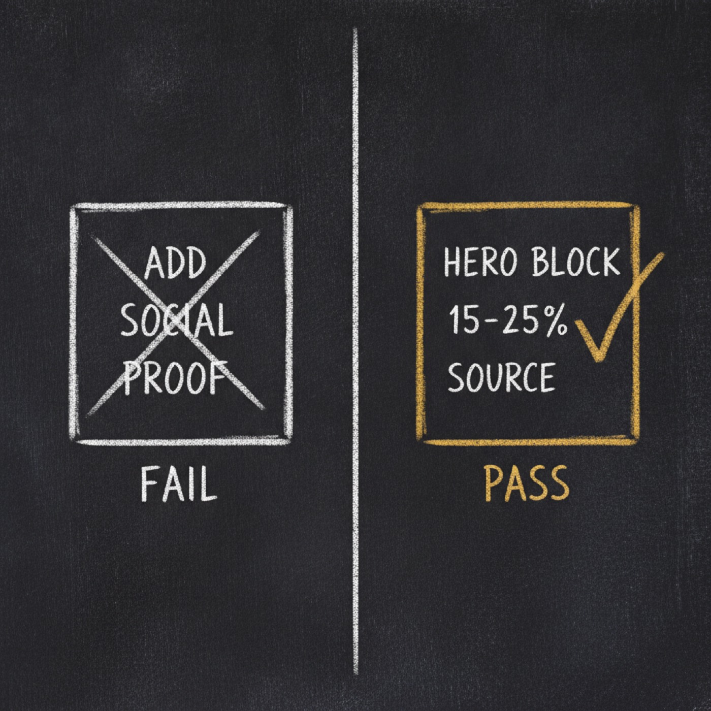 Chalk sketch: a card reading add social proof struck through and marked fail, beside a gold card reading hero block, 15 to 25 percent, source, marked pass