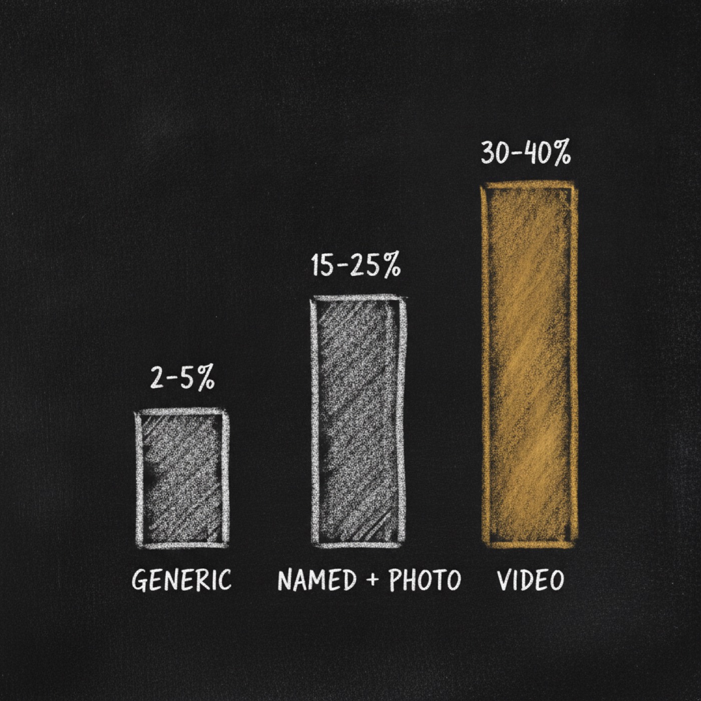 Chalk sketch: three ascending bars, generic 2 to 5 percent, named plus photo 15 to 25 percent, and a gold video bar at 30 to 40 percent