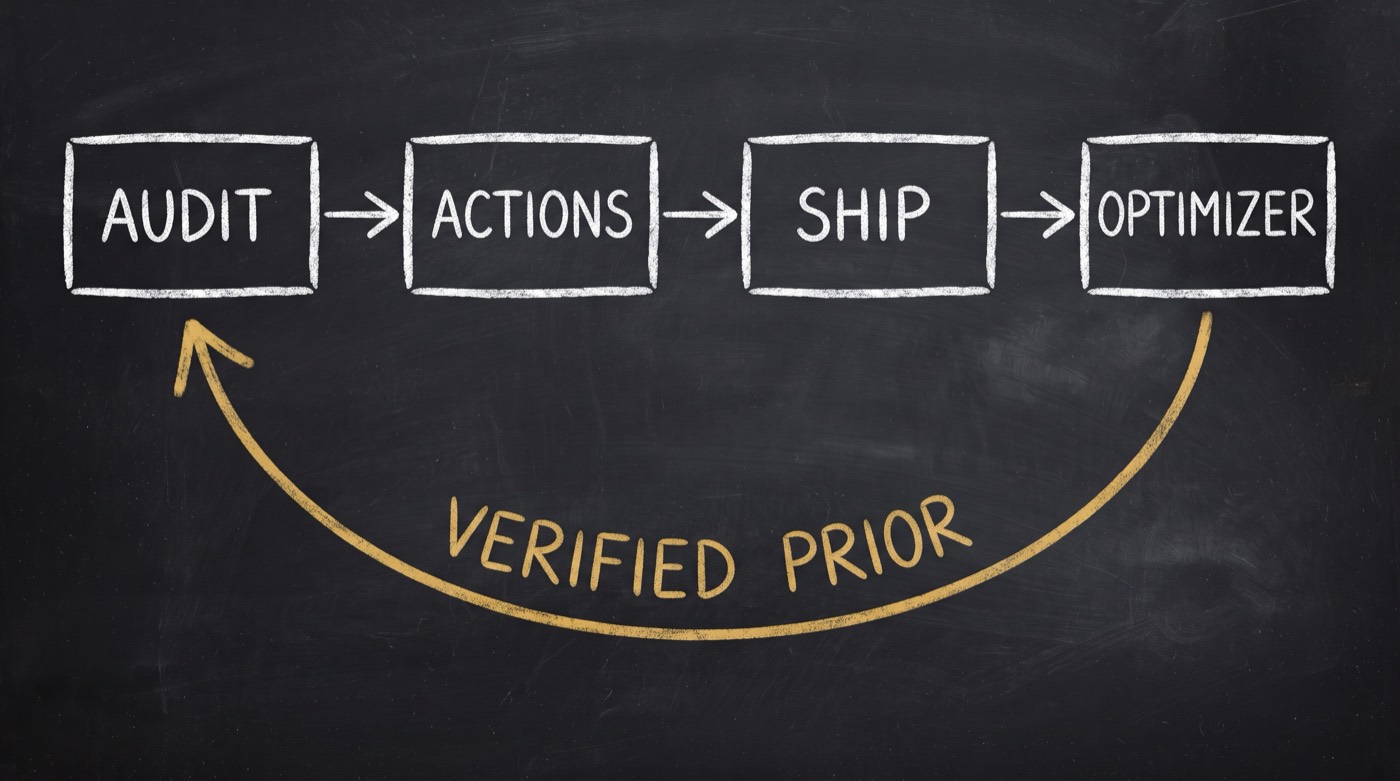 A chalk loop: AUDIT, ACTIONS, SHIP, OPTIMIZER in a row, with a gold arrow curving back from OPTIMIZER to AUDIT labelled VERIFIED PRIOR