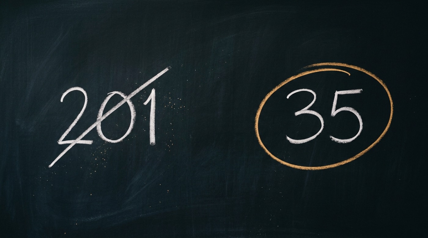 A dark chalkboard showing the number 201 struck through in white chalk beside the number 35 circled in gold.