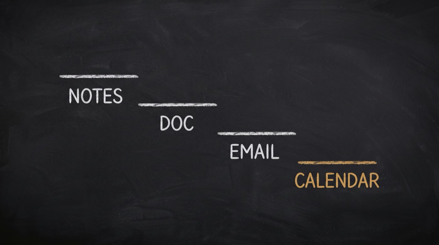 A dark chalkboard showing a descending staircase of four chalk rungs labelled NOTES, DOC, EMAIL and CALENDAR, with the lowest rung CALENDAR drawn in gold.