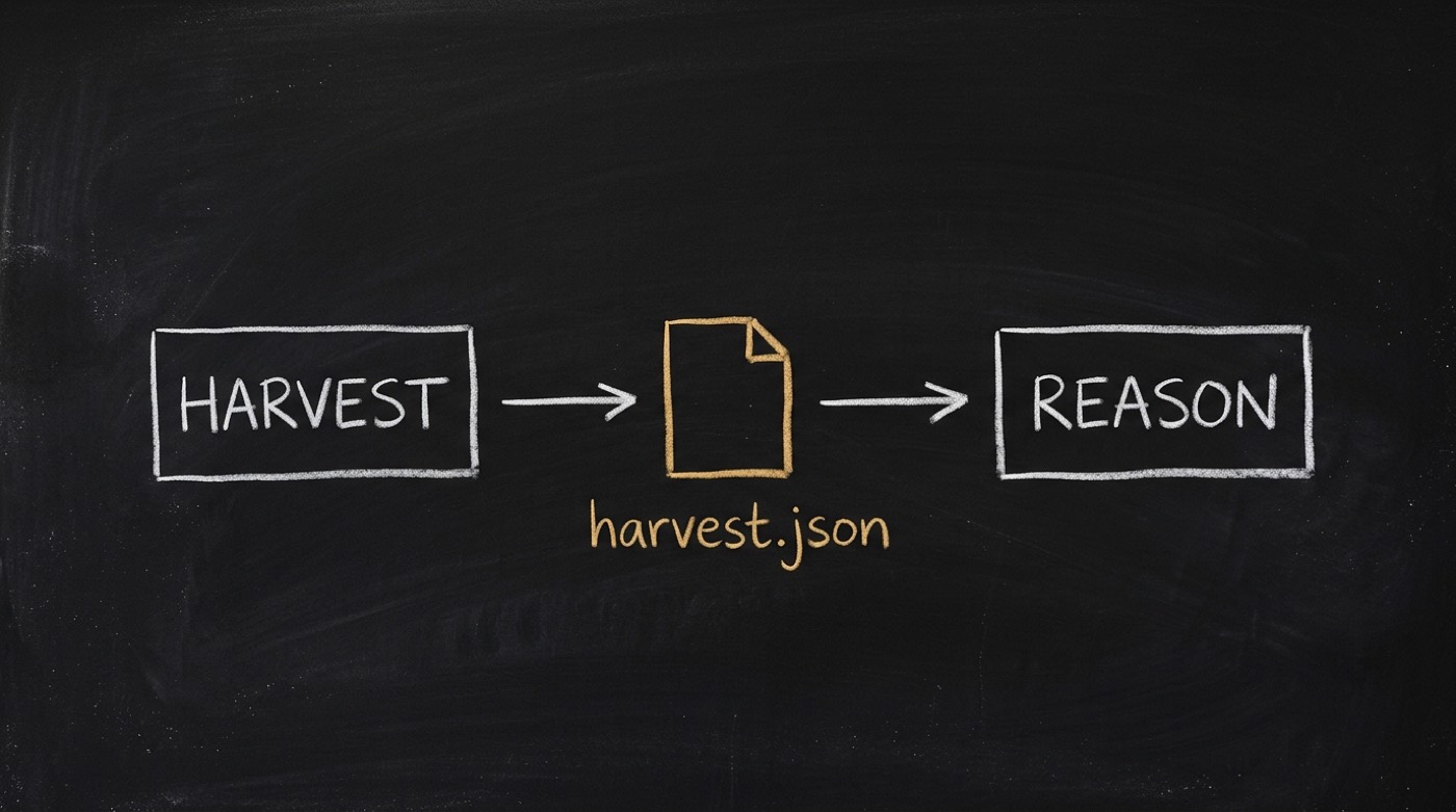 A chalk flow diagram: a white box labelled HARVEST, an arrow to a gold document labelled harvest.json, an arrow to a white box labelled REASON.
