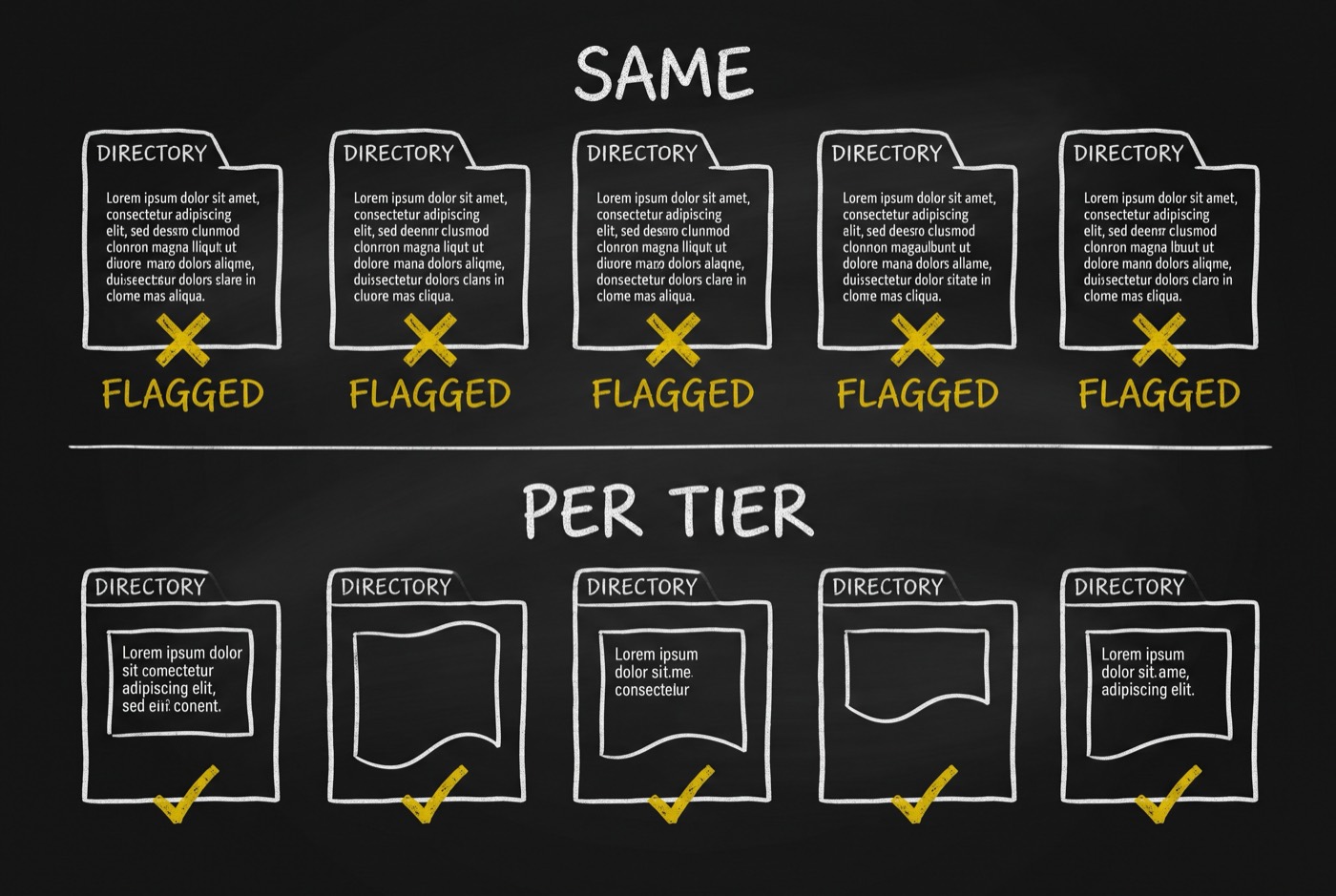 Chalkboard with two rows: SAME shows one identical description cloned into five directories each stamped FLAGGED in gold; PER TIER shows five directories each holding a different description with a gold check