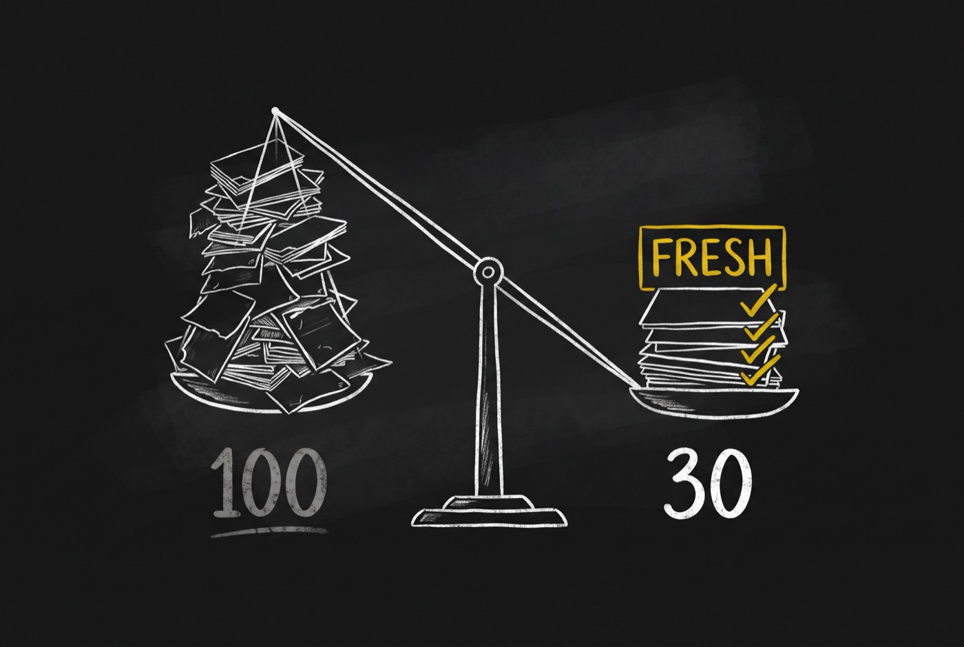 Chalk balance scale: a tall crumbling pile of 100 abandoned listings outweighed by a short neat stack of 30 gold-checked FRESH ones