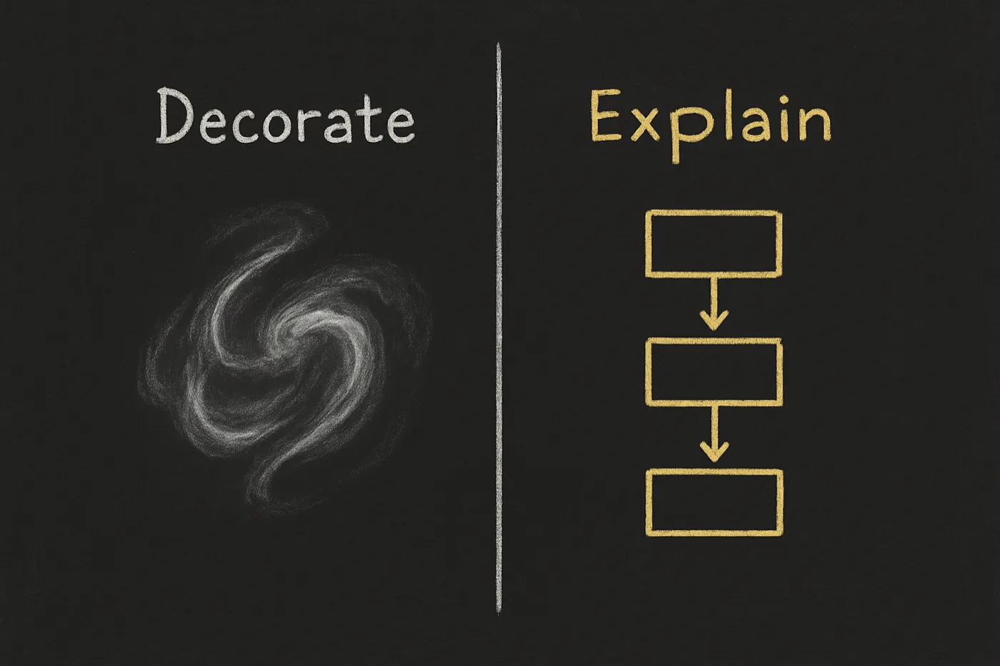 Chalk sketch split down the middle: on the left Decorate, a meaningless white swirl; on the right Explain, a gold labelled flow diagram