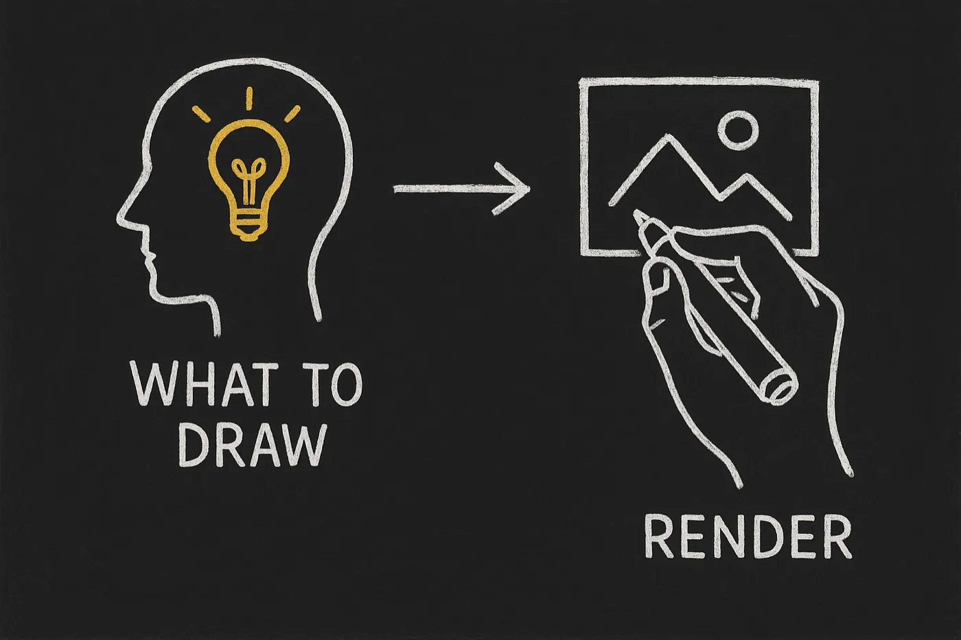 Chalk sketch: a head with a gold lightbulb labelled What to draw, an arrow to a hand holding a pen labelled Render