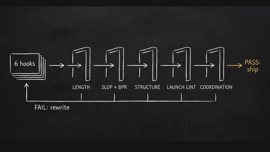 Dark chalkboard diagram: a stack of six cards labelled "6 hooks" passes left to right through five chalk archways labelled LENGTH, SLOP + BPR, STRUCTURE, LAUNCH LINT and COORDINATION. A white arrow loops back underneath labelled "FAIL: rewrite"; a gold arrow exits the last gate labelled "PASS: ship".