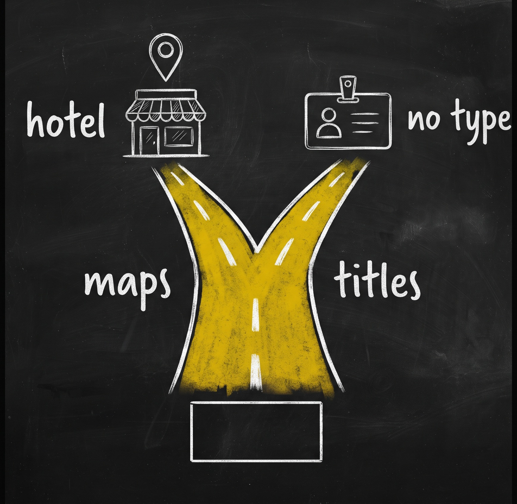 A chalkboard sketch of one road splitting into two: the left branch leads to a shopfront with a map pin, labelled hotel and maps; the right branch leads to an ID badge, labelled no type and titles.