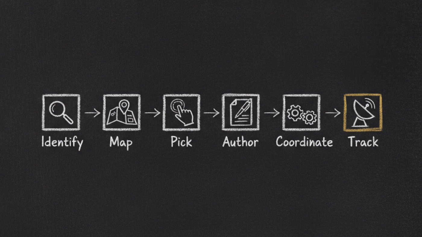 Six chalk boxes in a straight left-to-right row on a dark board labelled Identify, Map, Pick, Author, Coordinate and Track, the final Track box outlined in gold