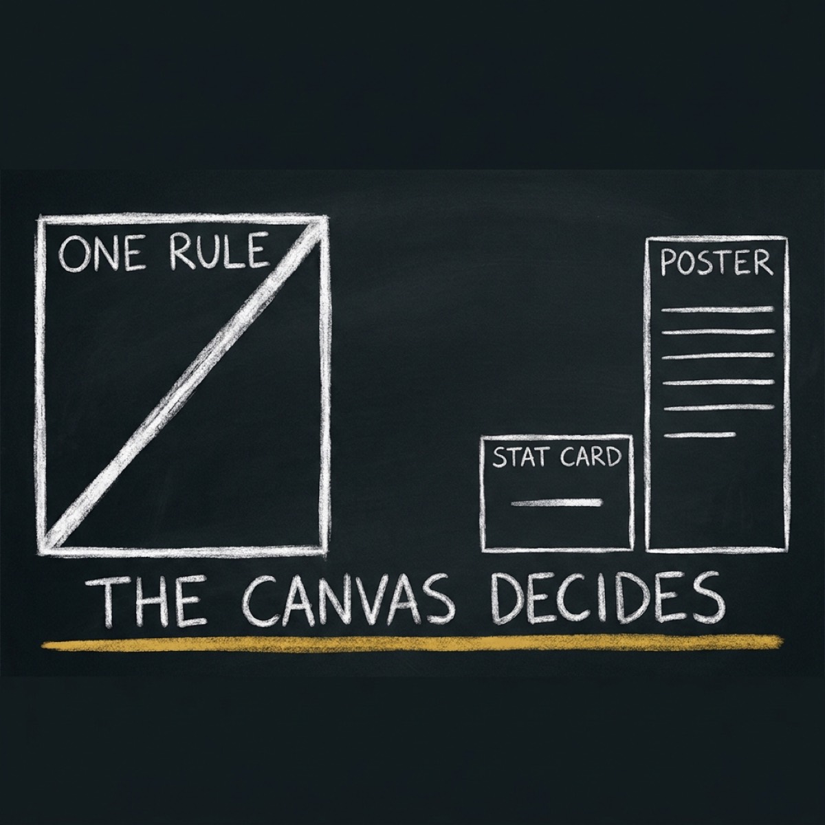 Chalkboard diagram: a box labelled ONE RULE crossed out on the left; on the right a small STAT CARD holding one line and a tall POSTER holding many; a gold underline beneath the words THE CANVAS DECIDES.