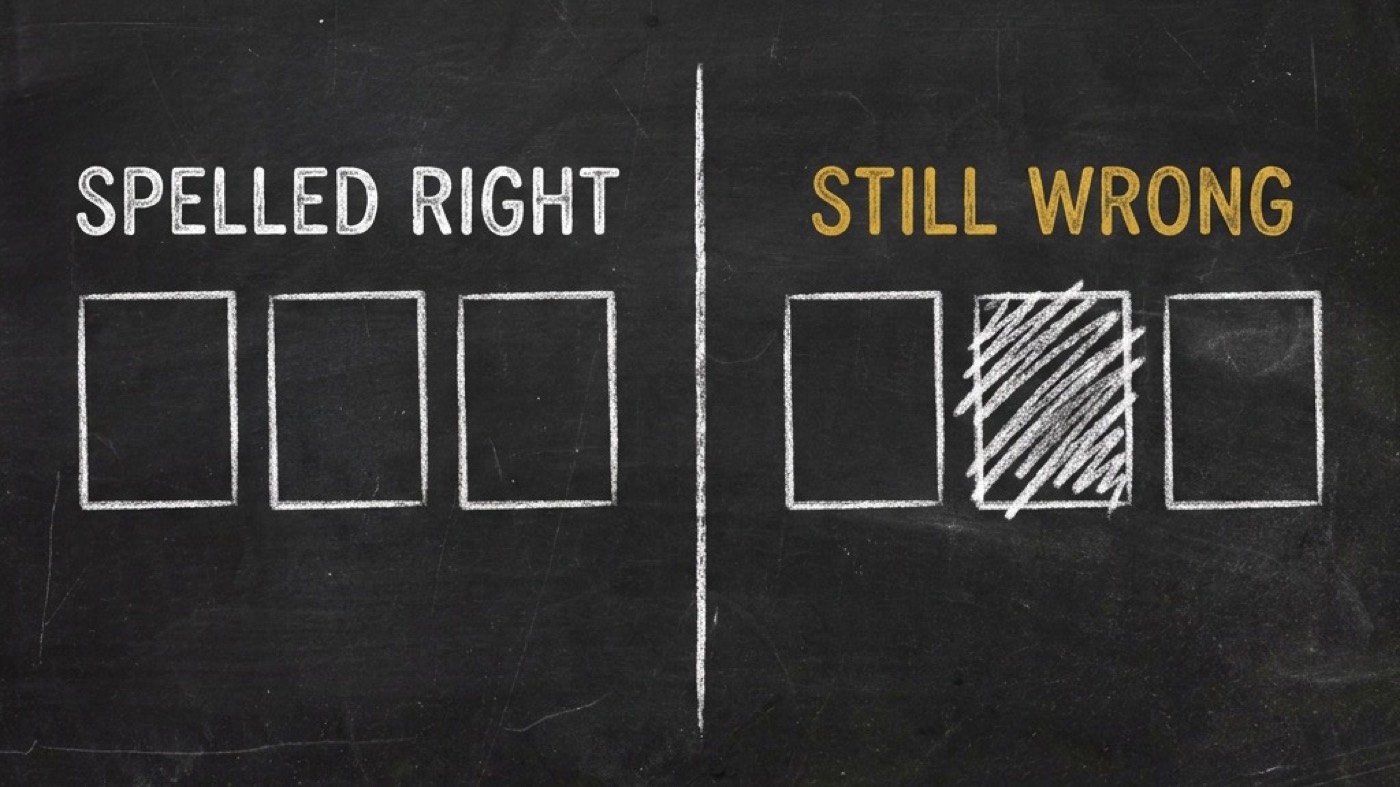 A dark chalkboard split in two: a row of three neat boxes headed SPELLED RIGHT, and a row headed STILL WRONG in gold where one box is scribbled out.