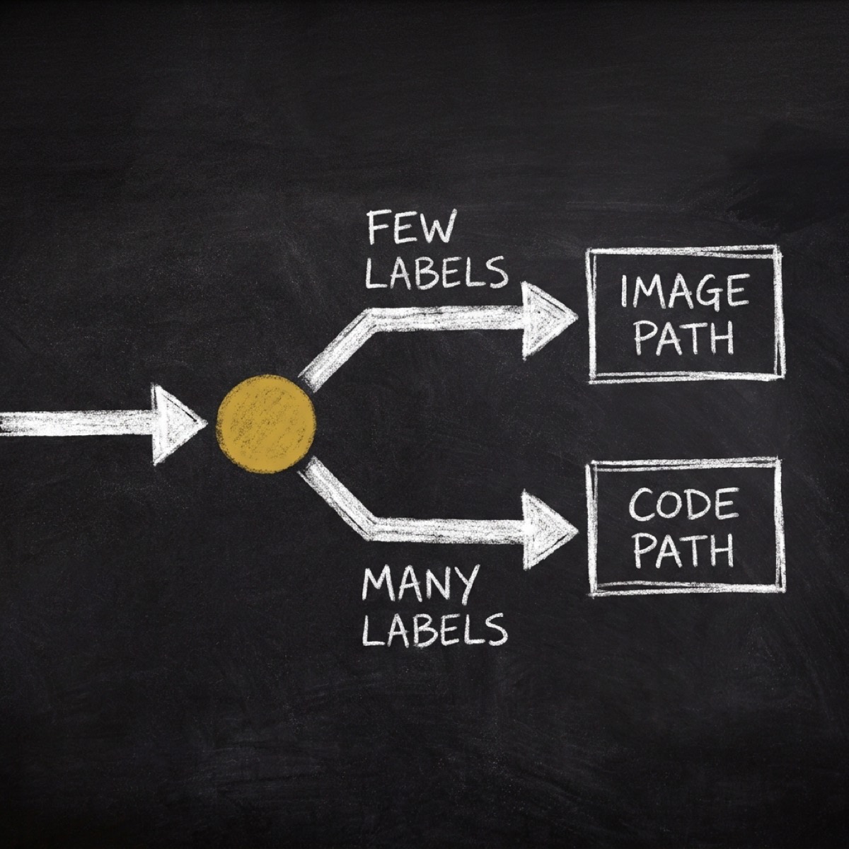 Chalkboard diagram: one arrow enters and forks at a gold point into an upper branch labelled FEW LABELS leading to IMAGE PATH and a lower branch labelled MANY LABELS leading to CODE PATH.