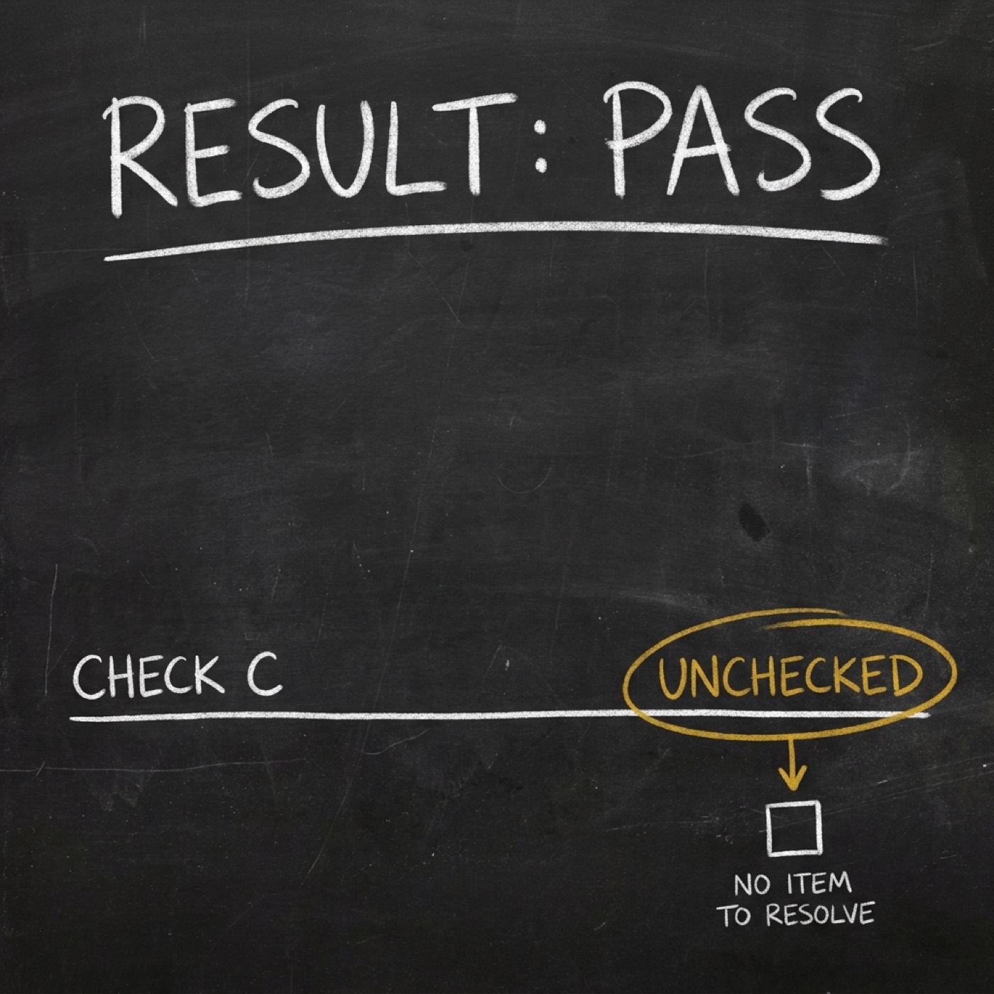 Chalkboard diagram: large hand-lettered words RESULT: PASS underlined across the top; far below, a single line reading CHECK C on the left and the word UNCHECKED circled in gold on the right, with a gold arrow down to an empty box labelled NO ITEM TO RESOLVE.