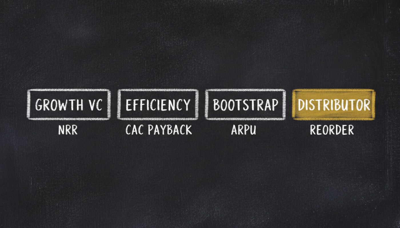 Four chalk boxes in a row: growth VC with NRR, efficiency with CAC payback, bootstrap with ARPU, and distributor with reorder highlighted in gold