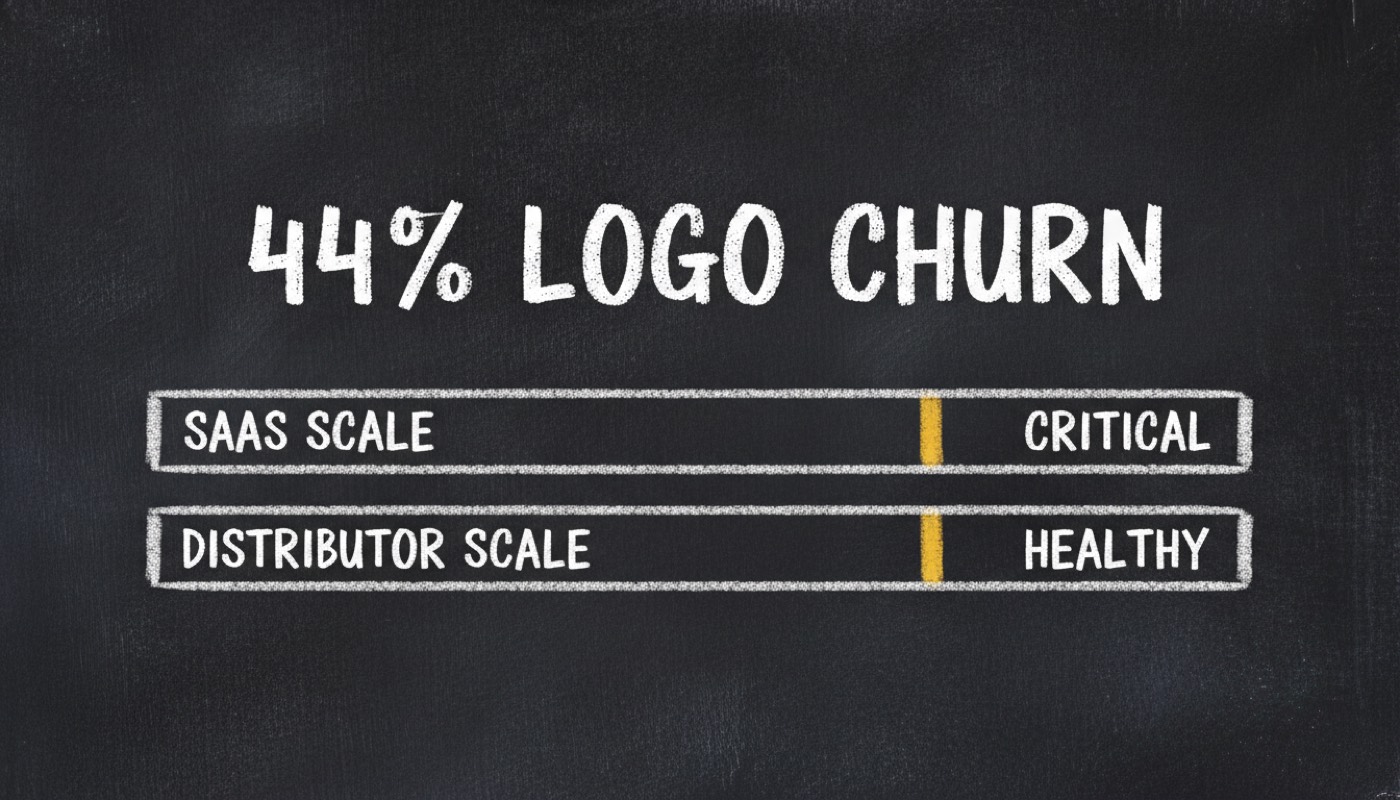 A 44 percent logo churn reading marked at the same point on two scales: critical on the SaaS scale, healthy on the distributor scale