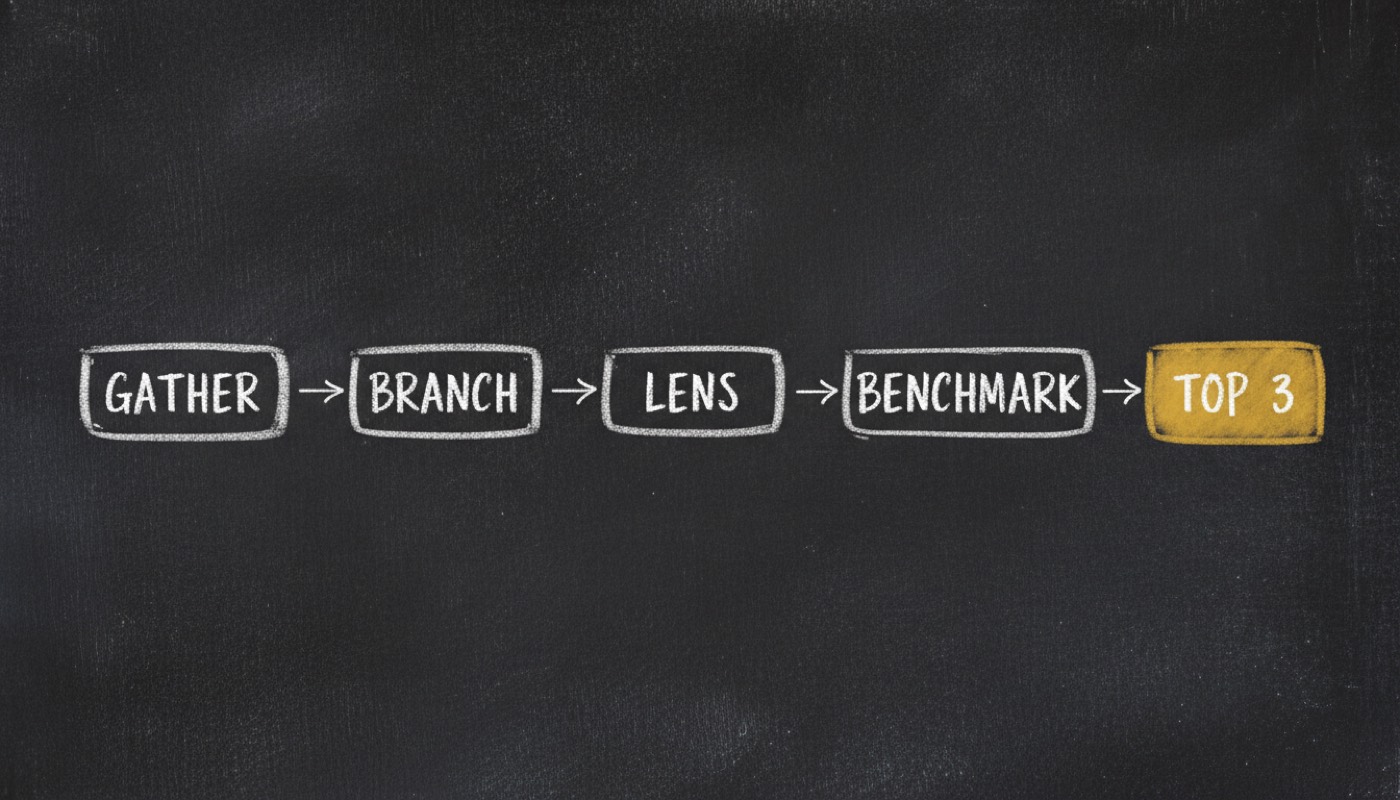 Five chalk boxes connected left to right: gather, branch, lens, benchmark, and top 3 highlighted in gold