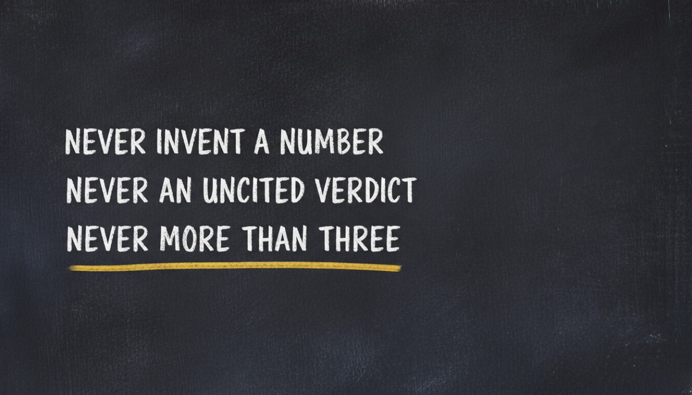 Three chalk lines reading never invent a number, never an uncited verdict, never more than three