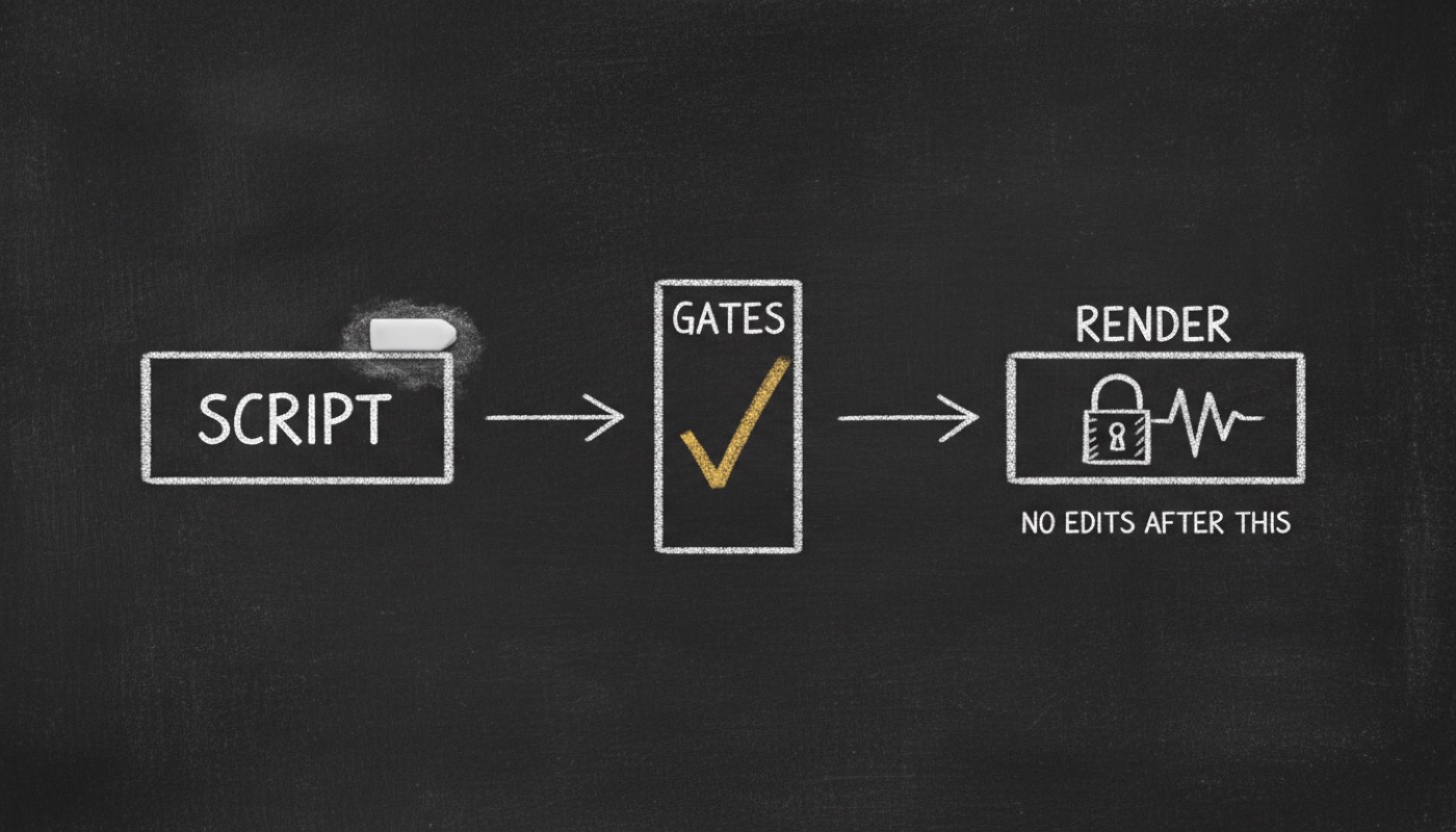Chalk sketch: an editable SCRIPT box, a GATES checkpoint with a gold tick, then a padlocked RENDER waveform captioned no edits after this