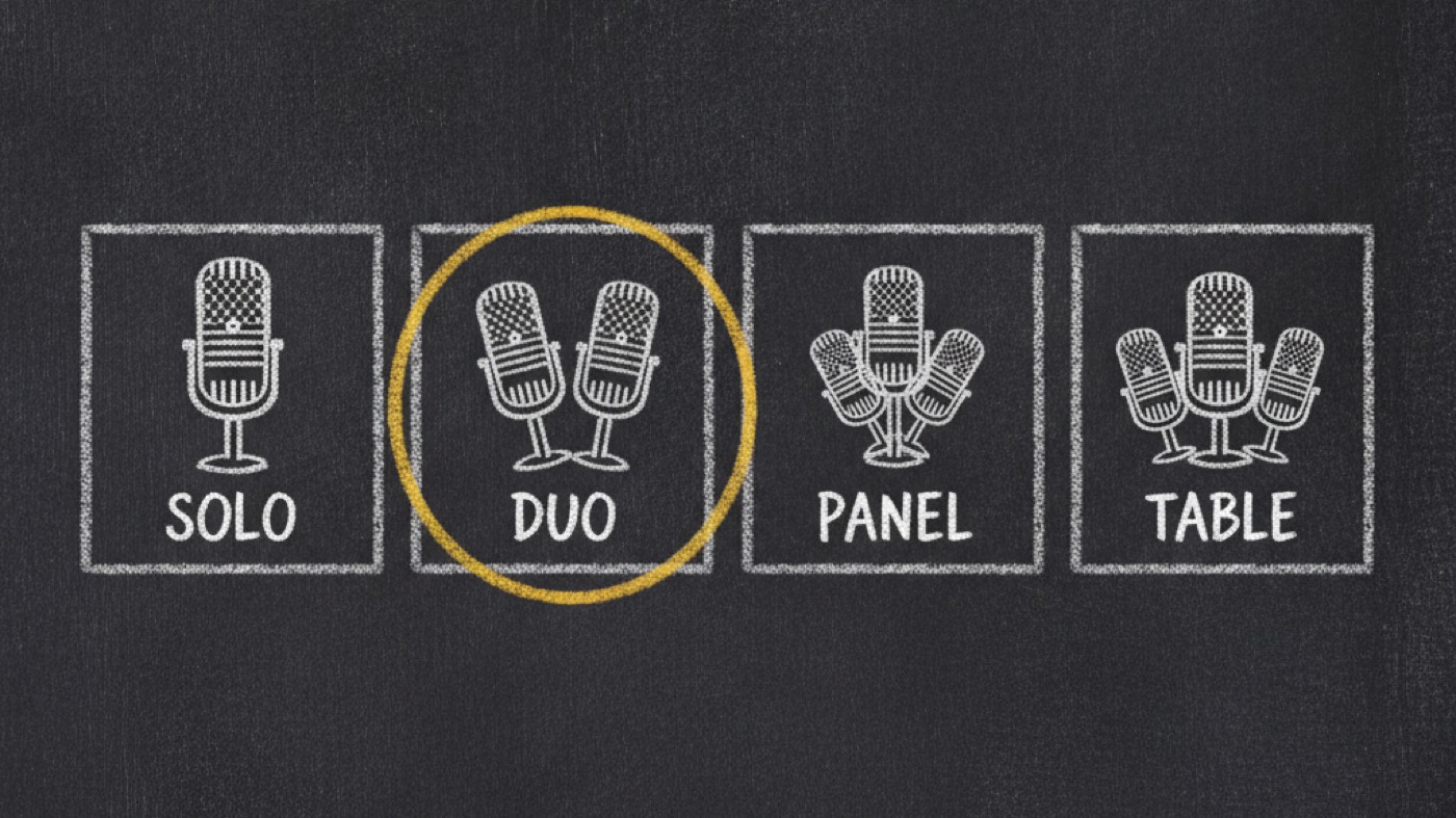 Chalk sketch: four panels holding one, two, three and four microphones labelled solo, duo, panel and table, with the two-microphone panel circled in gold