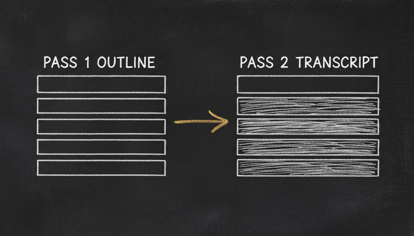 Chalk sketch: PASS 1 OUTLINE showing empty running-order bars, a gold arrow, then PASS 2 TRANSCRIPT showing the same bars filled with dialogue