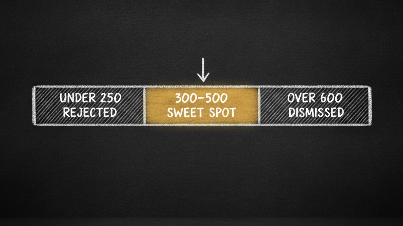 Chalkboard bar divided in three: UNDER 250 REJECTED, a gold 300-500 SWEET SPOT, OVER 600 DISMISSED.