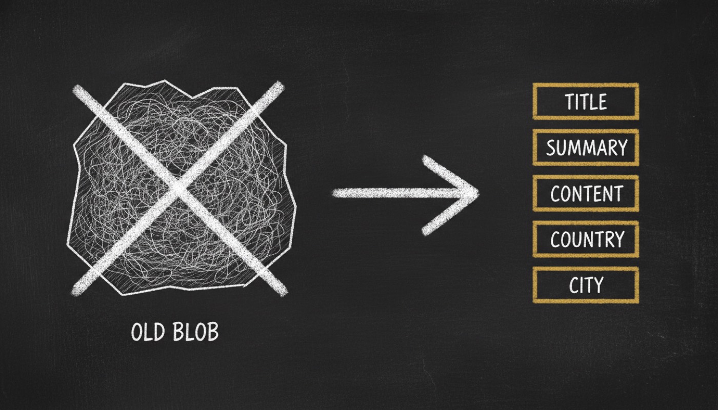 Chalkboard diagram: a crossed-out scribbled document labelled OLD BLOB becoming five gold-outlined boxes labelled TITLE, SUMMARY, CONTENT, COUNTRY, CITY.