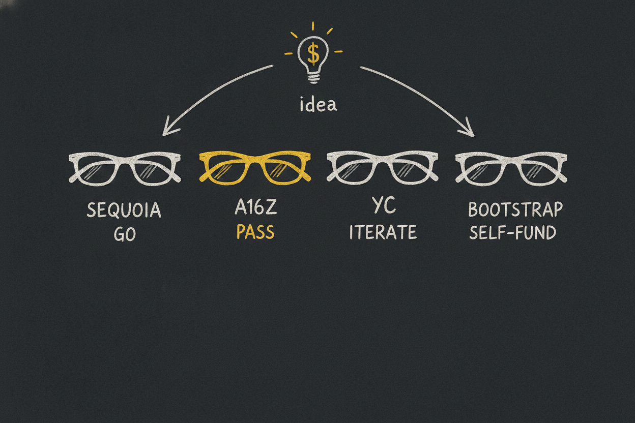 Four hand-drawn eyeglasses in a row labelled Sequoia GO, a16z PASS (in gold), YC ITERATE, Bootstrap SELF-FUND, all looking at one shared idea — four lenses, four verdicts.
