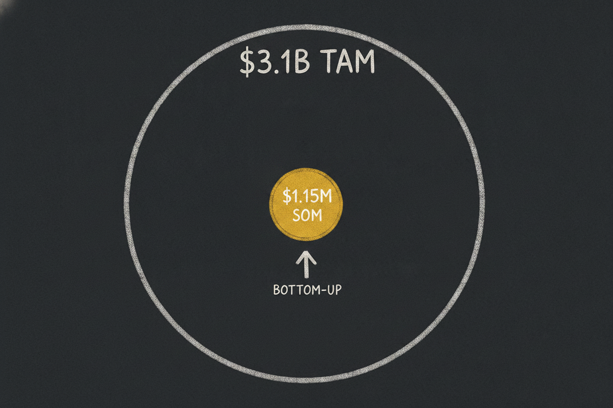 A tiny solid-gold circle labelled $1.15M SOM sitting inside a huge faint circle labelled $3.1B TAM, with an arrow marked BOTTOM-UP feeding the gold circle.