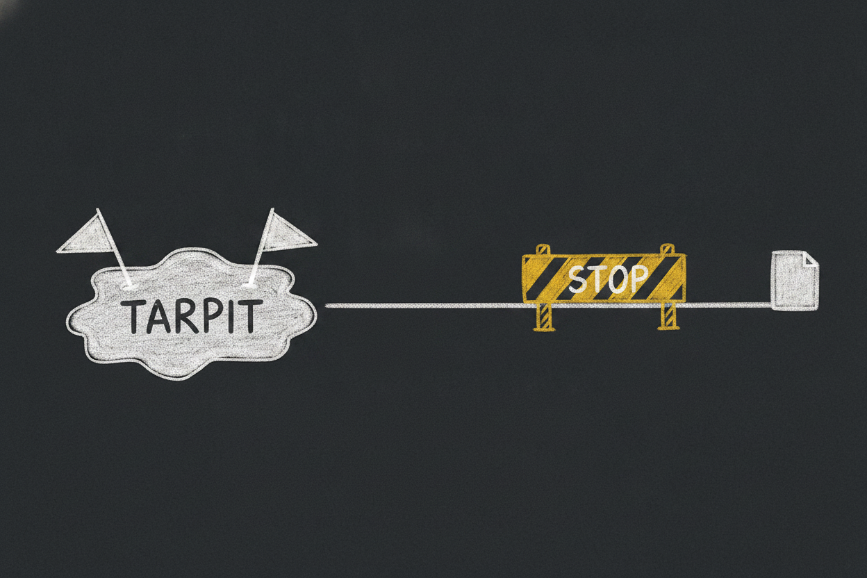 A dark-board sketch: an idea path runs into a sticky TARPIT of warning flags, then a gold STOP gate blocks the path before it reaches the forecast document.