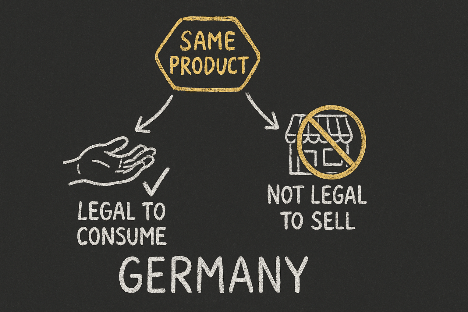 The same product splits into two legal outcomes in Germany: legal to consume, but not legal to sell