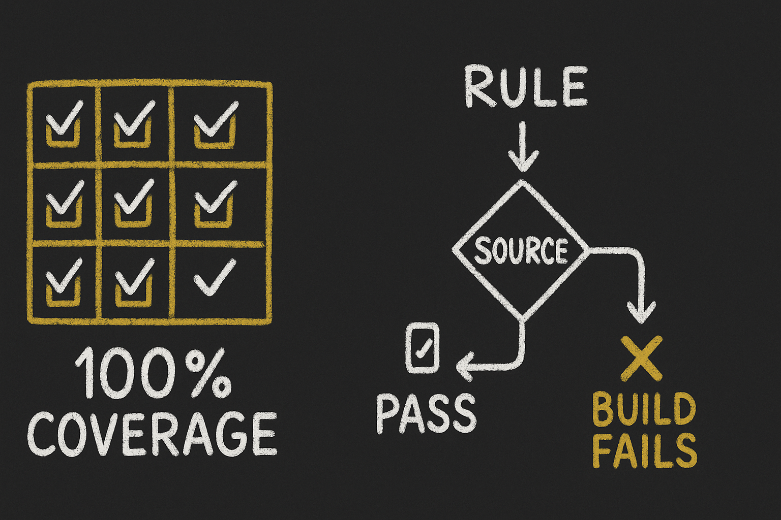 The integrity mechanism: a rule without a source fails the build, and the coverage matrix must be one hundred percent filled
