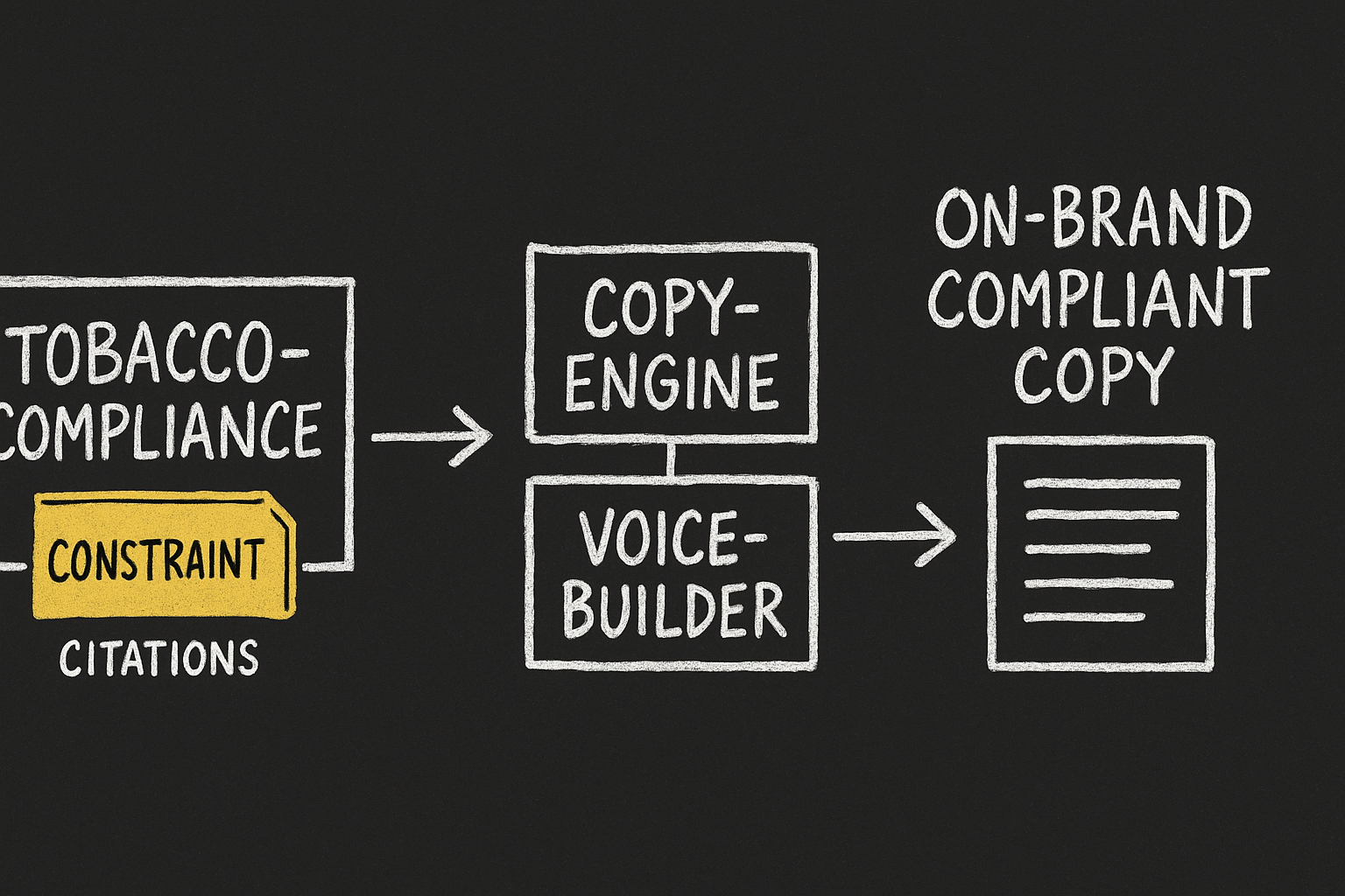How tobacco-compliance composes: it emits a constraint plus citations to copy-engine and voice-builder, which produce on-brand compliant copy