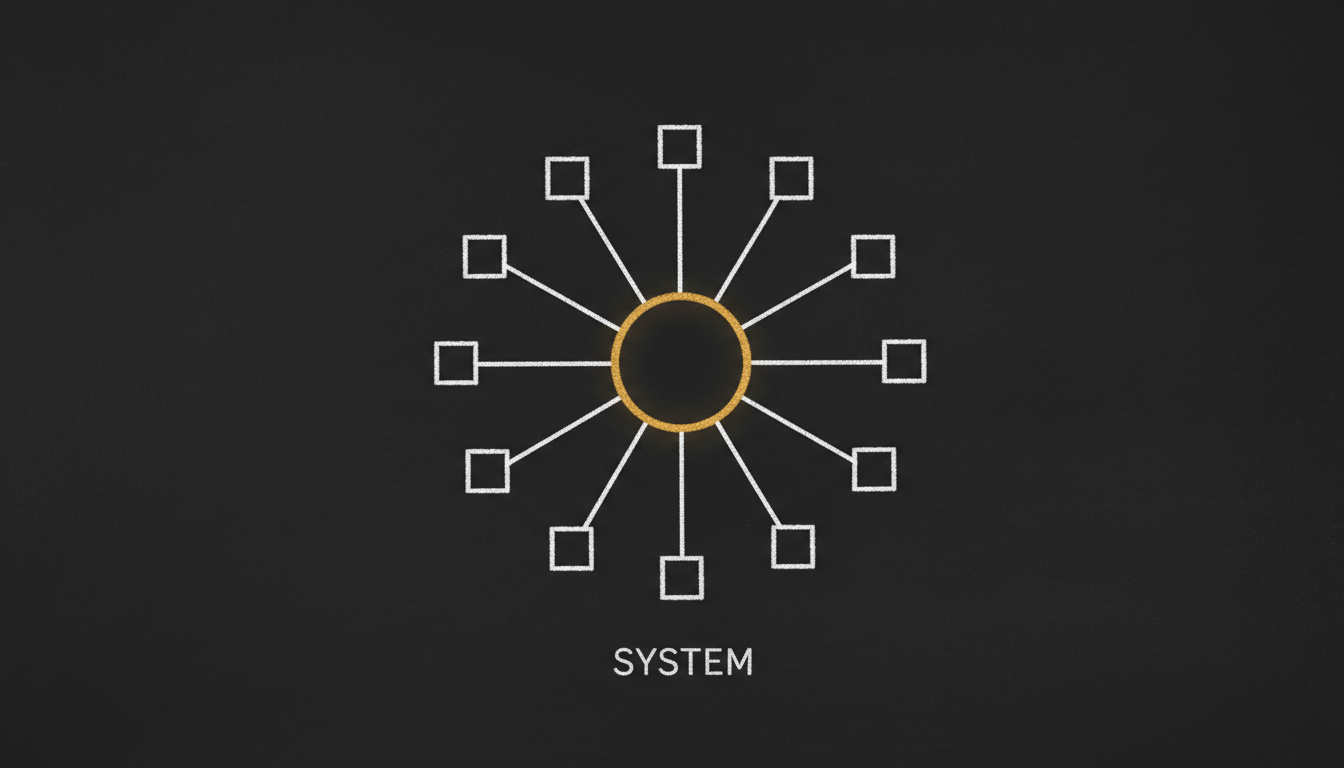 A single gold hub node linked by clean chalk lines to a ring of identical square nodes — a composition of linked parts, not a stack