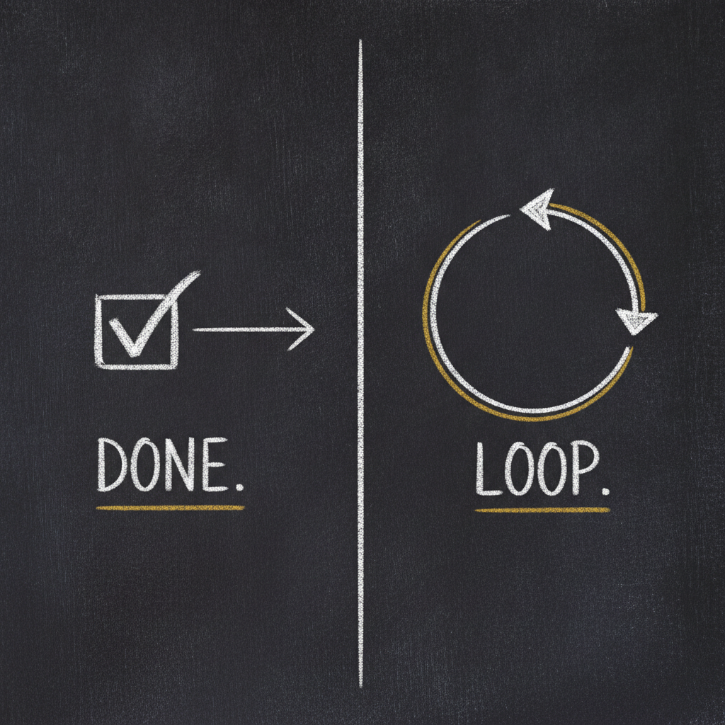 Two halves split by a chalk divider — left: a checkmark box and arrow ending, labelled DONE; right: an unending circular loop arrow, labelled LOOP