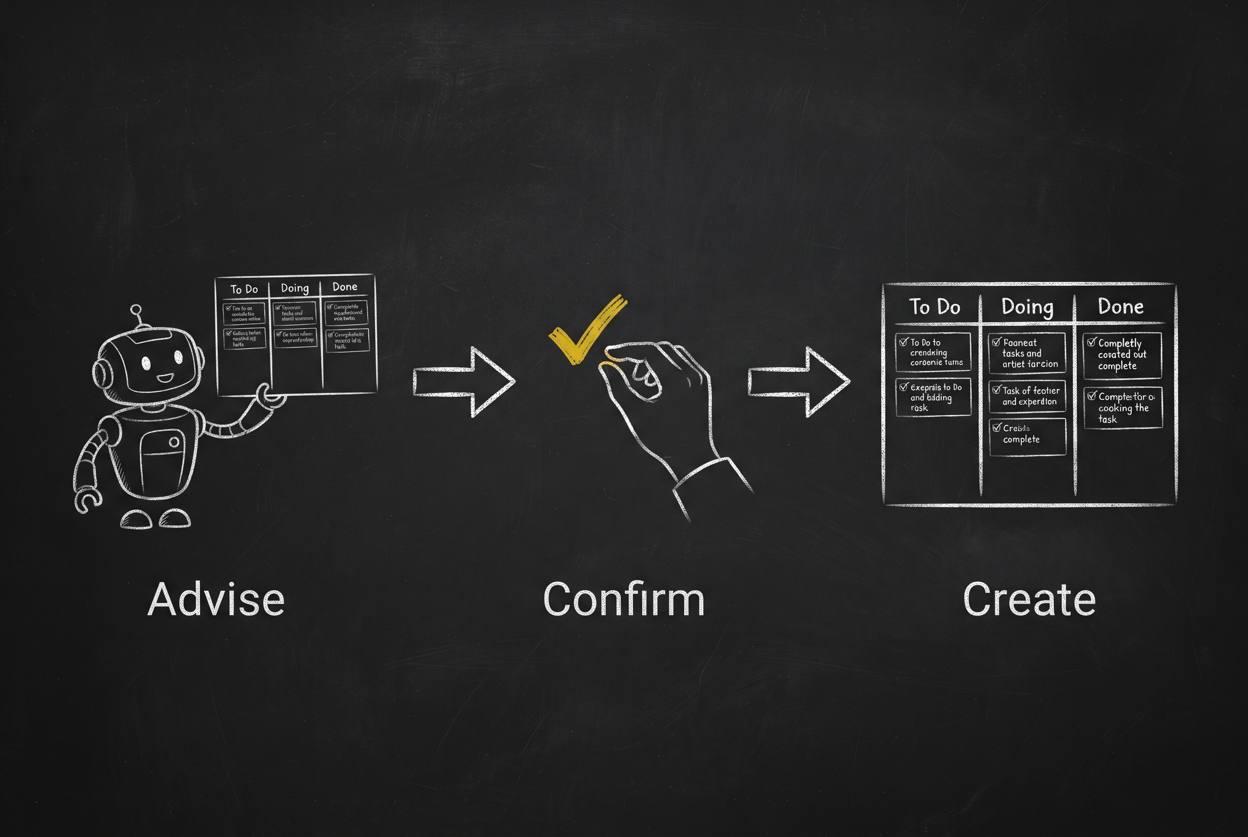 Three chalk steps: a robot offering a board (Advise), a human hand giving a gold check-mark (Confirm), and the finished board drawn out (Create).