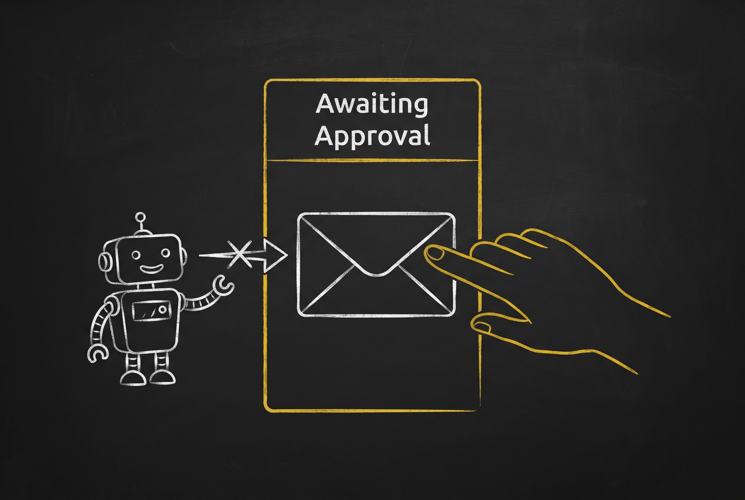 On a chalkboard, a robot's arrow toward an email card in the gold Awaiting Approval column is crossed out; a gold human hand rests on the card, ready to move it.