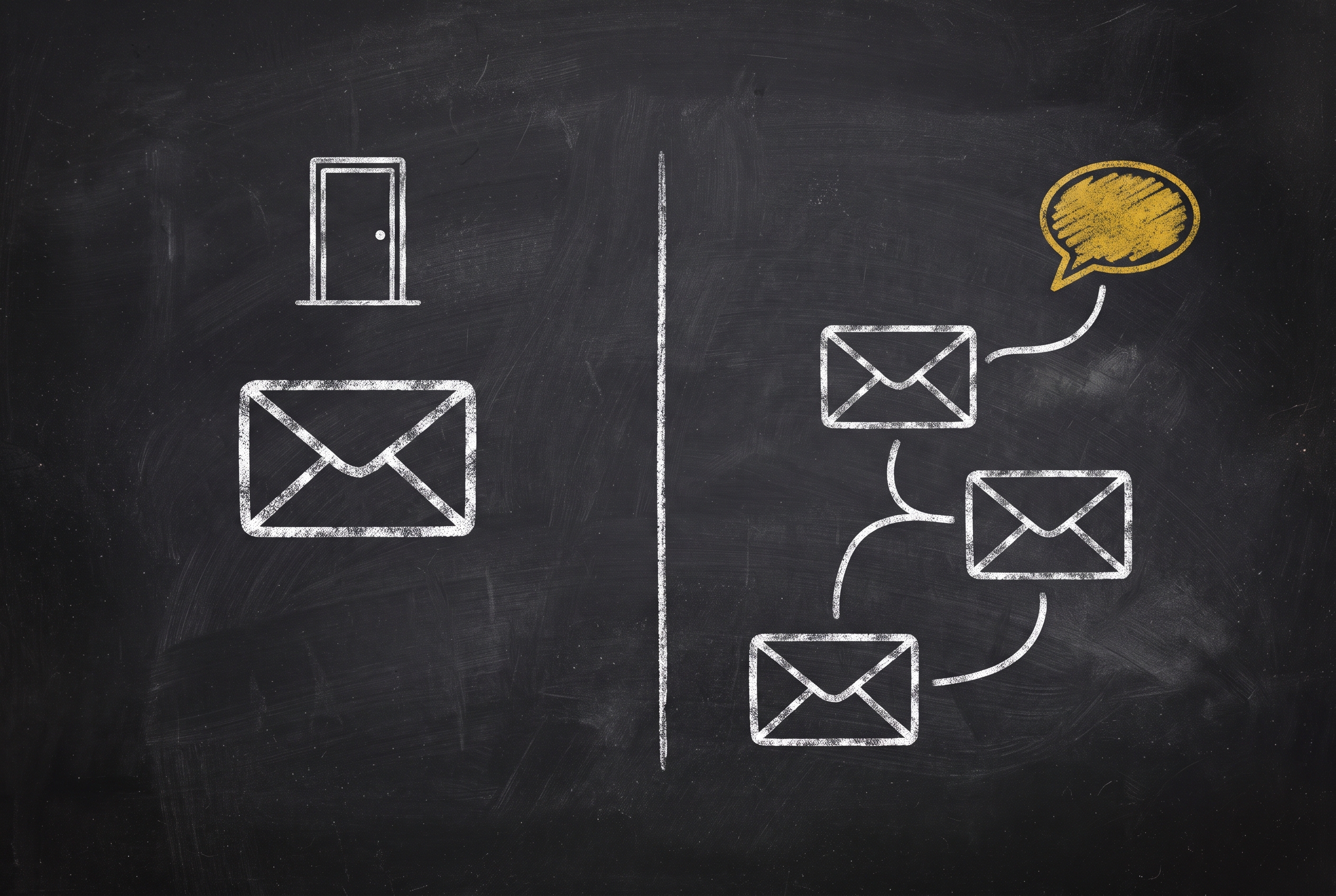 On a chalkboard, a single email under a closed door (“just the door”) contrasted with a chain of emails leading into a gold speech-bubble (“the conversation”).
