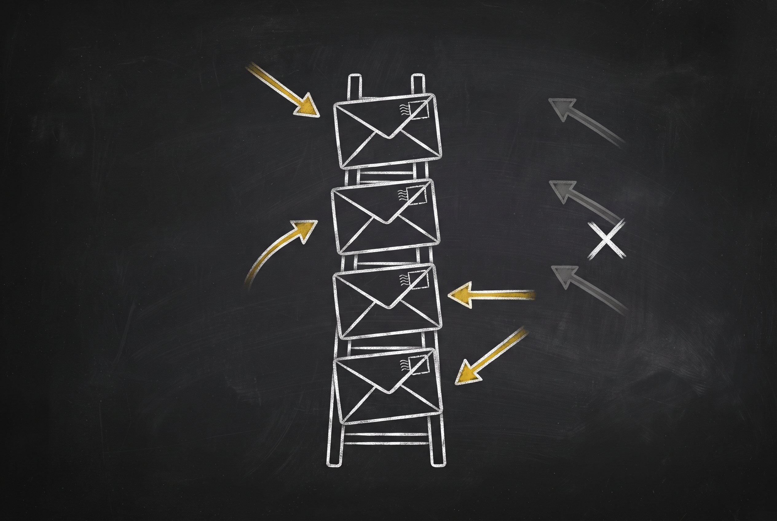 On a chalkboard, four emails stacked as a ladder, each hit by a gold arrow from a different angle; a repeated grey arrow in the same direction is crossed out.