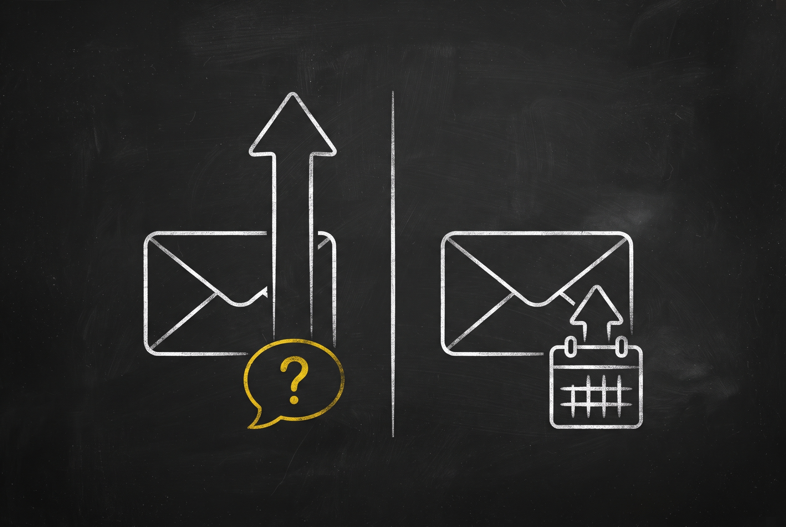 On a chalkboard, a soft question-mark speech-bubble on an email with a tall reply-arrow (more replies) contrasted with an email plus a calendar/booking icon and a short reply-arrow (fewer replies).