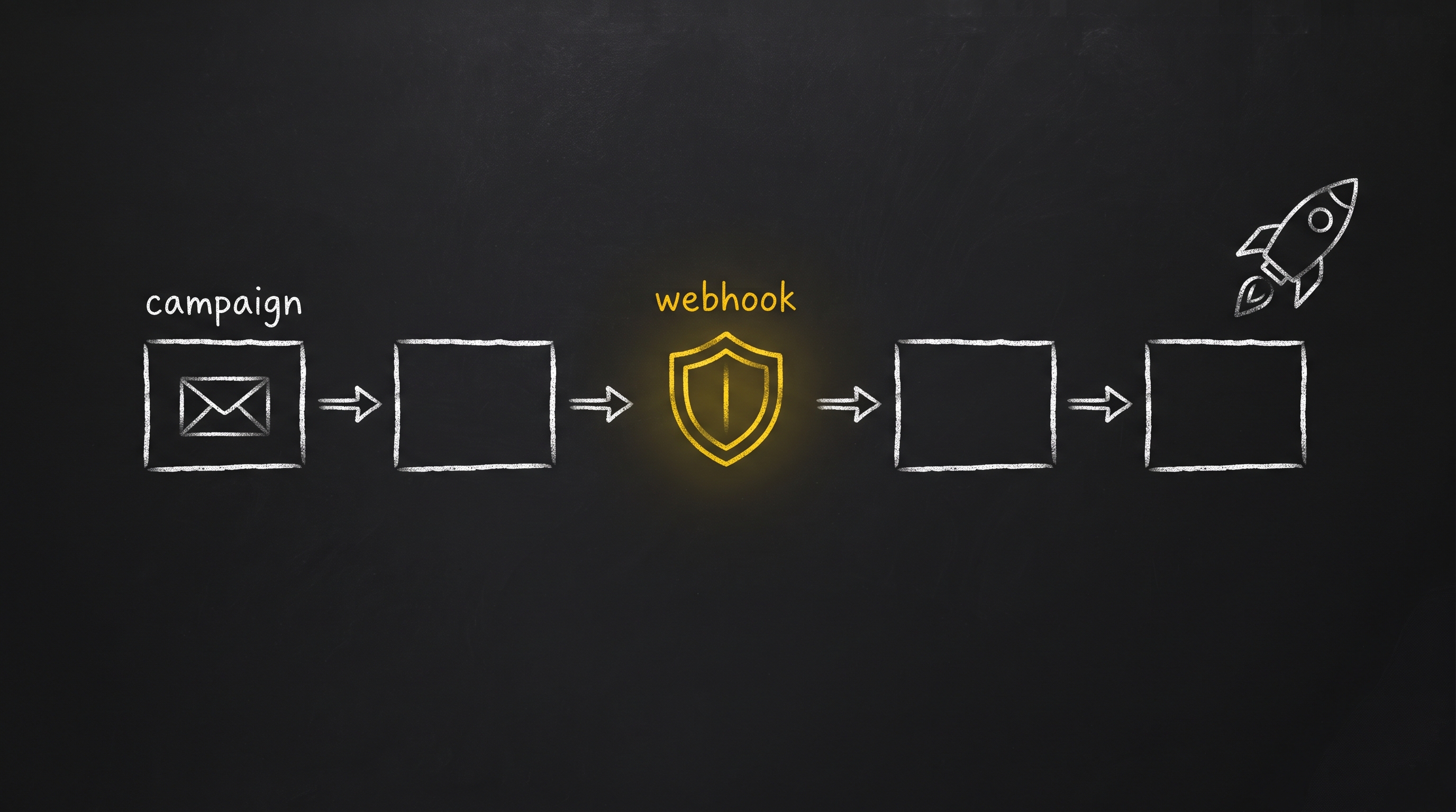 Chalk diagram: the webhook attached inline in the launch order, before the campaign starts