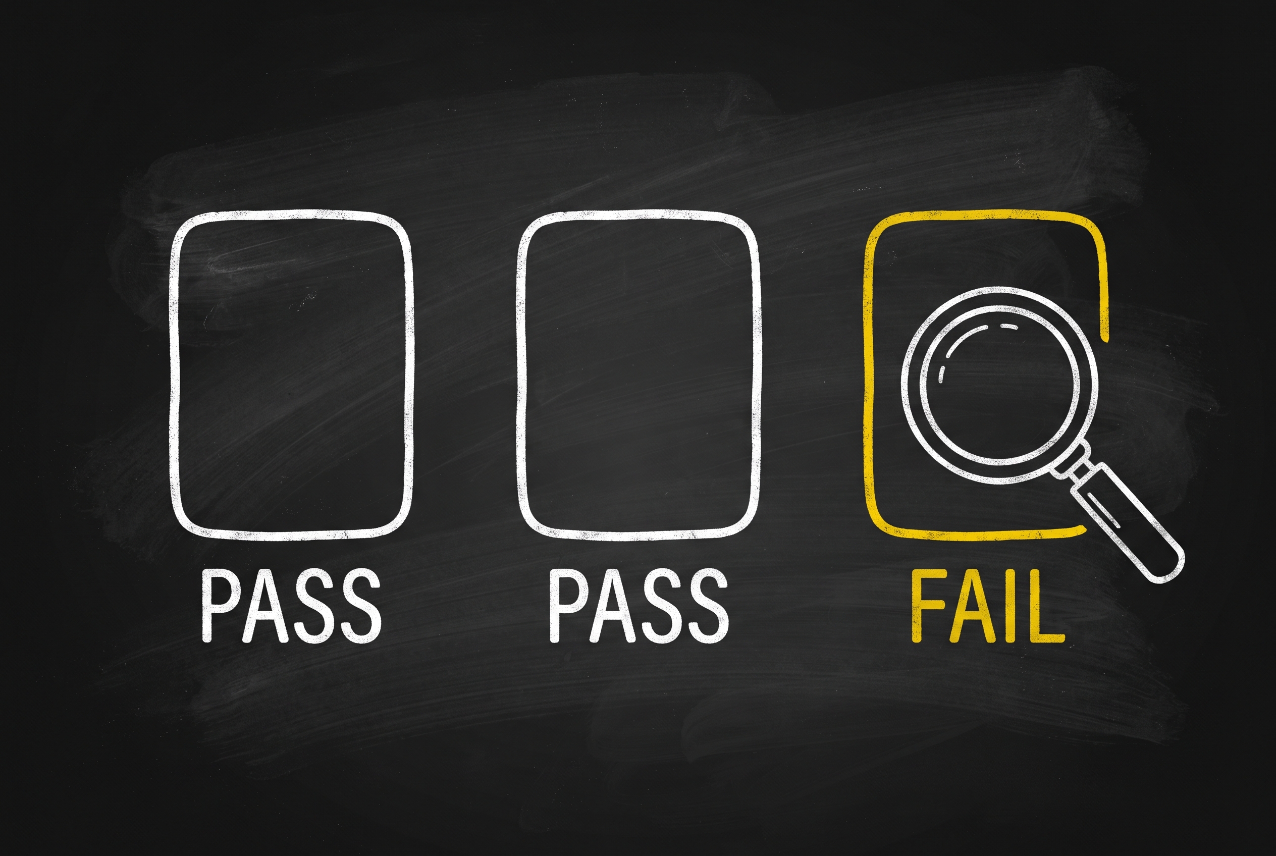 Three chalk cards: two international domains stamped PASS, a lookalike domain stamped FAIL under a magnifying glass